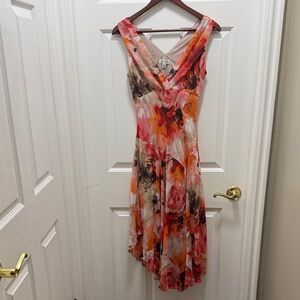 dressbarn Asymmetrical Floral Dress in Pink, Orange, and Brown